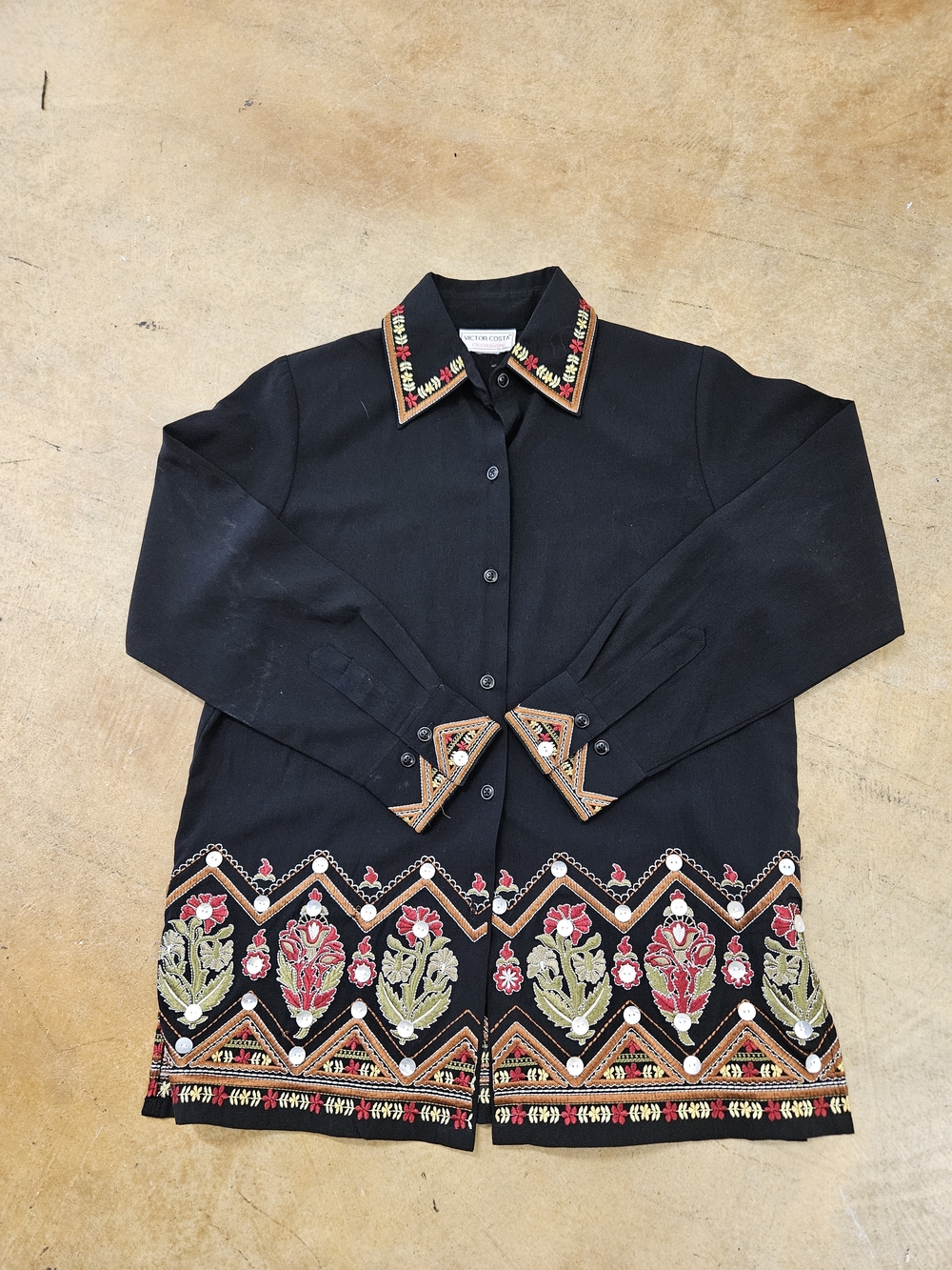 Victor Costa Black Vintage Jacket with Multicolor Floral Embroidery